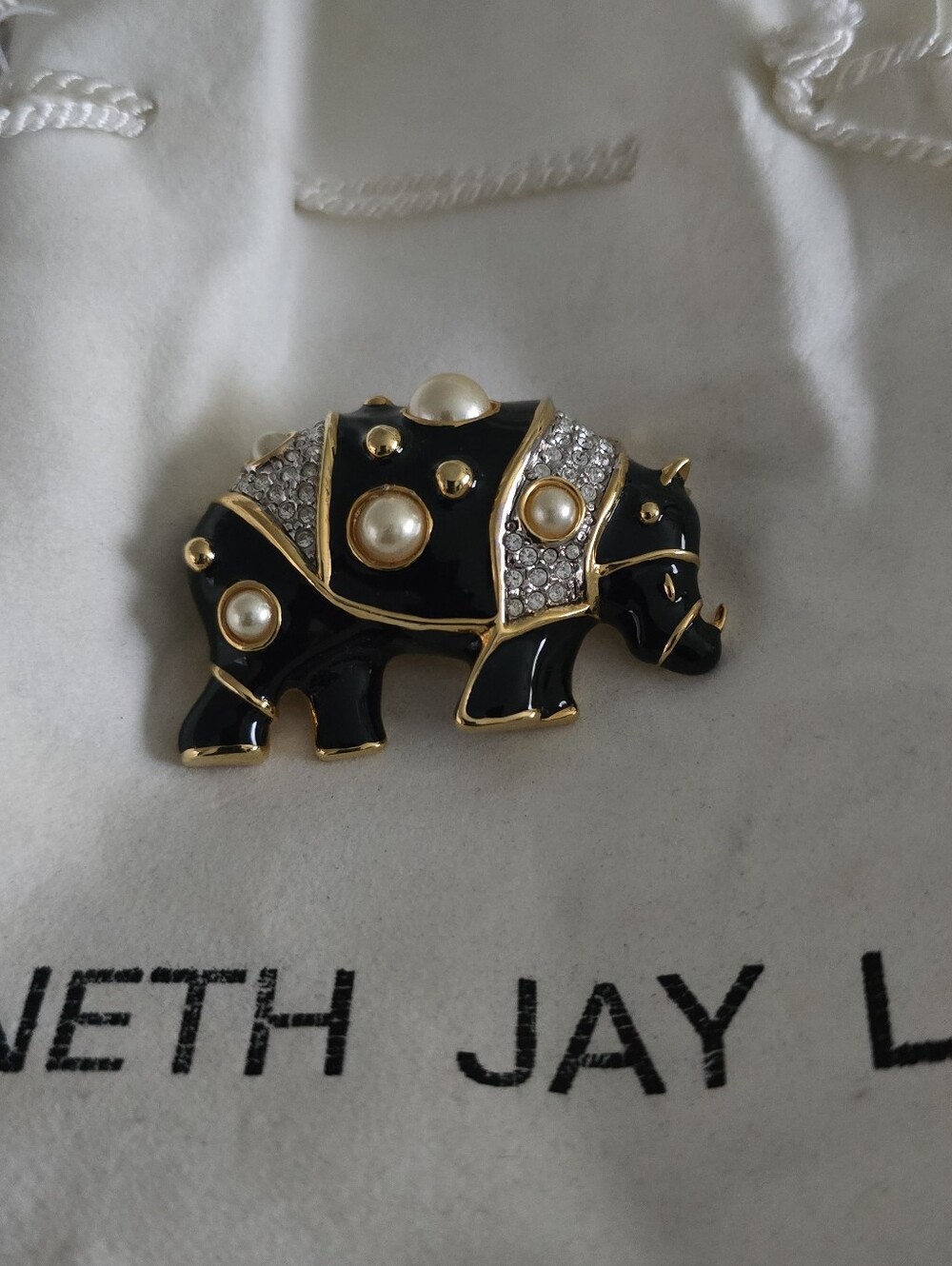 Kenneth Jay Lane Black Enamel, Pearl & Rhinestone Elephant Brooch
